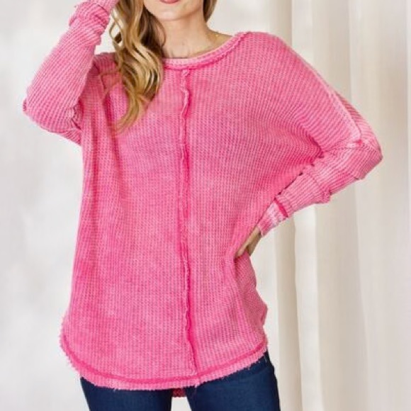❤️‍🔥❤️‍🔥Zenana Oversized Washed Waffle Long Sleeve Top Final - Picture 9 of 14